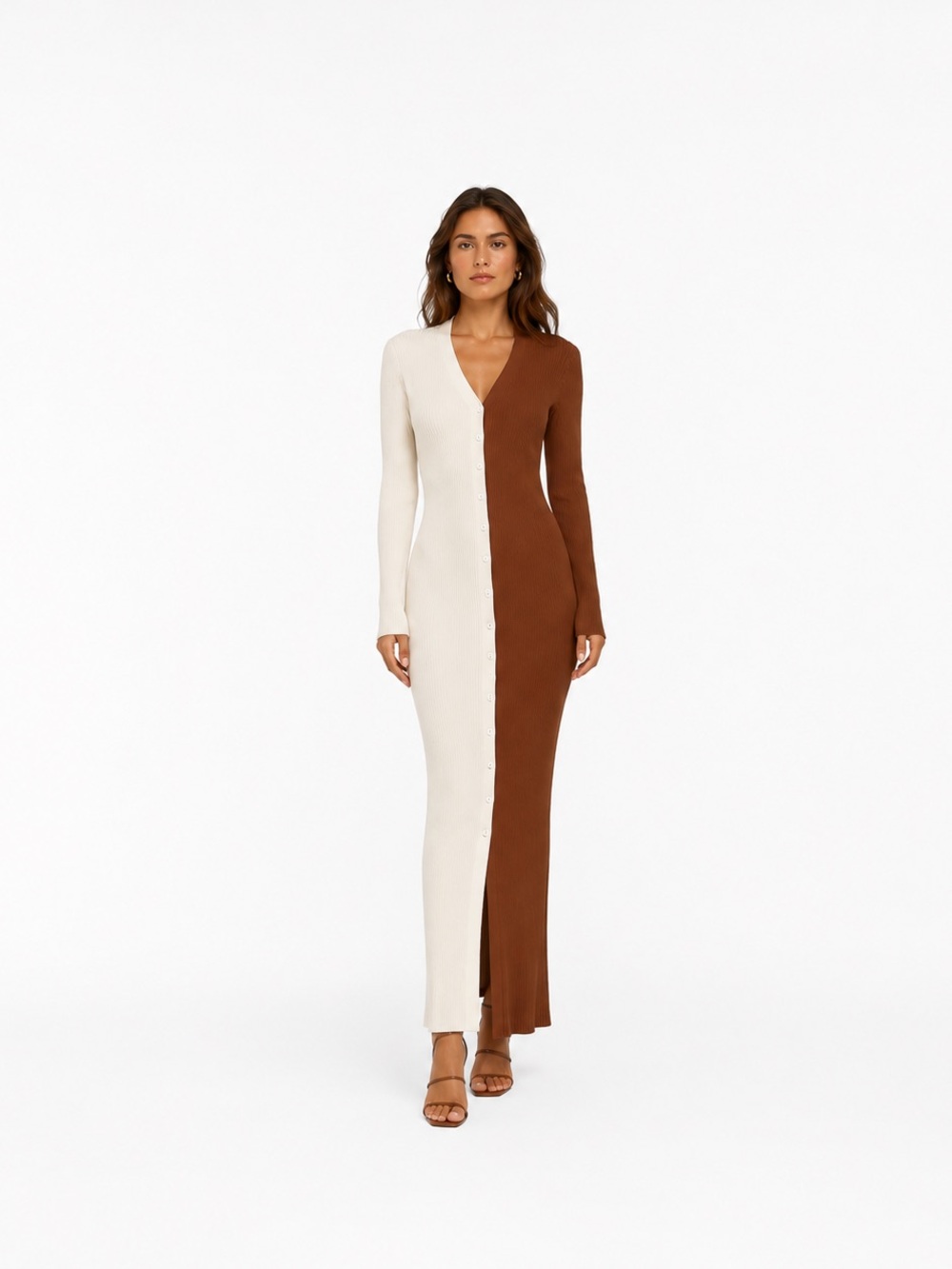 STAUD Colorblock Ribbed Knit Maxi Dress – Cream/Brown | Size M NWT